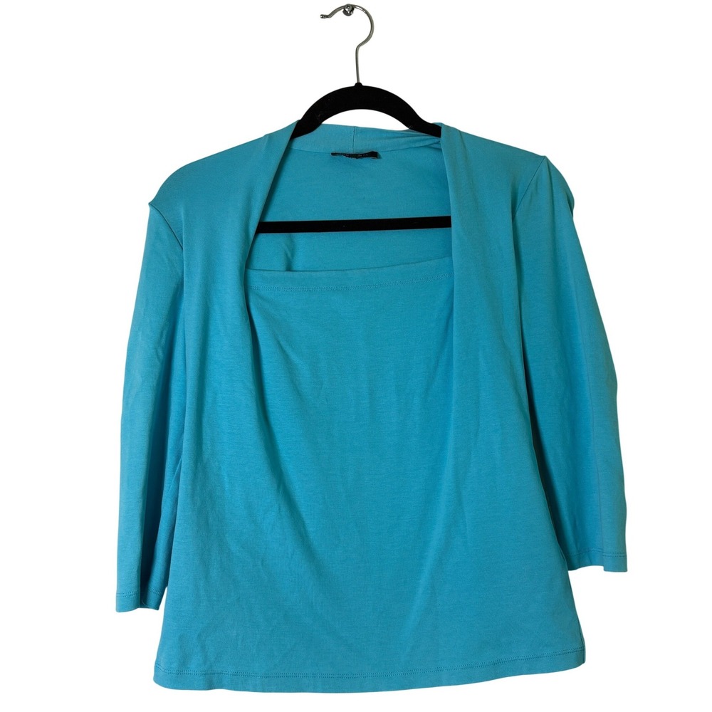 Lafayette 148 New York Petite Turquoise Blue Layered Knit Top 3/4 Sleeve Size M